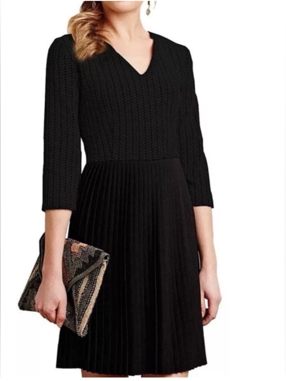Anthropologie Ganni Womens Dress Size XS Black Crossknit Top Pleated Skirt